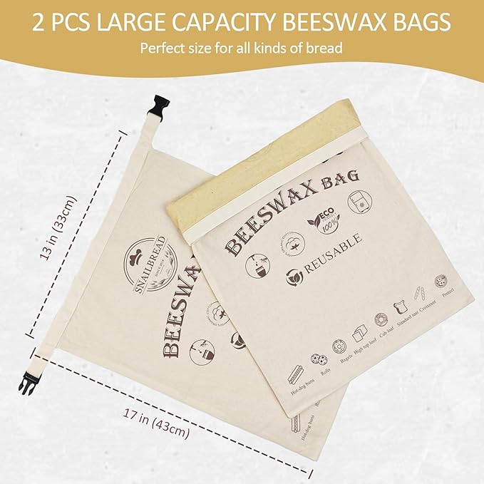 Reusable Beeswax Bread Bags for Sourdough: XL Eco-Friendly Fresh Food Storage (13x17in, 2 Pack) | Moisture Lock, Sustainable Homemade Bread Preservation