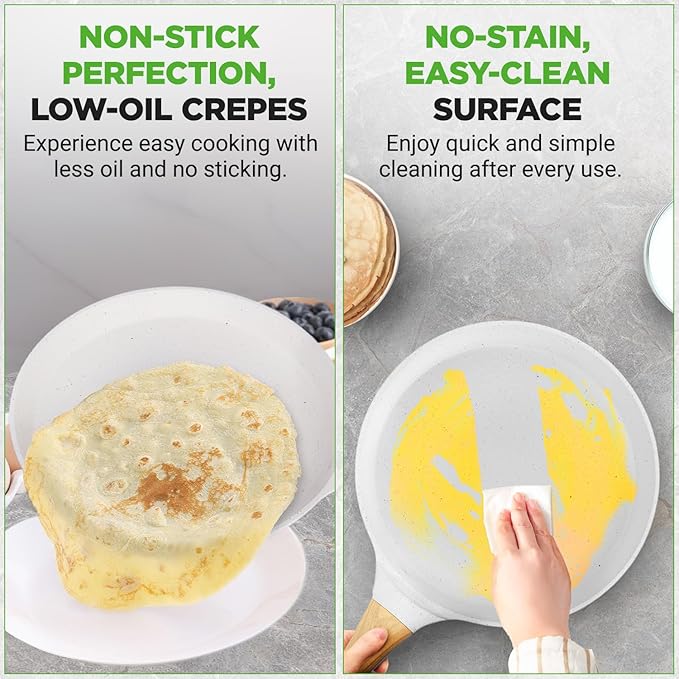 Nutrichef 2-Pack Non-Stick Crepe Pan Set, 9.4" Marble Coated Dosa Pans with Wooden Spreaders, Bakelite and Wood Handles, Induction-Compatible, Dishwasher Safe, Even Heat Distribution, White Cream