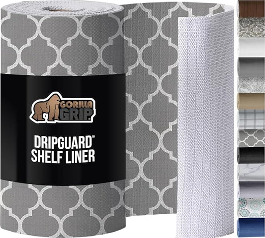 GORILLA GRIP DripGuard Shelf Liner, Non Adhesive Drawer and Kitchen Cabinet Protector, Slip Resistant BPA Free Smooth Surface Plastic Liners for Cabinets, Bathrooms, Closets, 17.5x240 Inch, White Gray