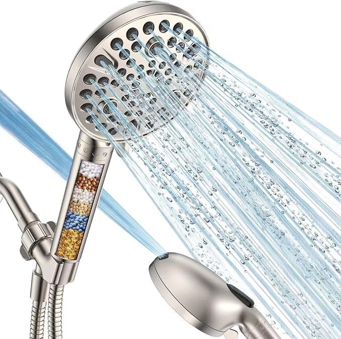 MakeFit Handheld Shower Head with Filter Brushed Nickel - High Pressure 10 Spray Modes Filtered Shower Head with Hose, Bracket and Hard Water Shower Filters to Remove Chlorine and Heavy Metals