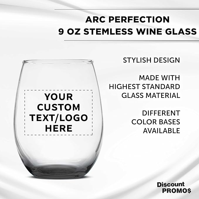 DISCOUNT PROMOS Custom Stemless Wine Glass 9 oz. Set of 10/50/100, Personalized Bulk Pack - Great for Wedding Favors, Bachelorette Party Decorations, Party Favors - Black