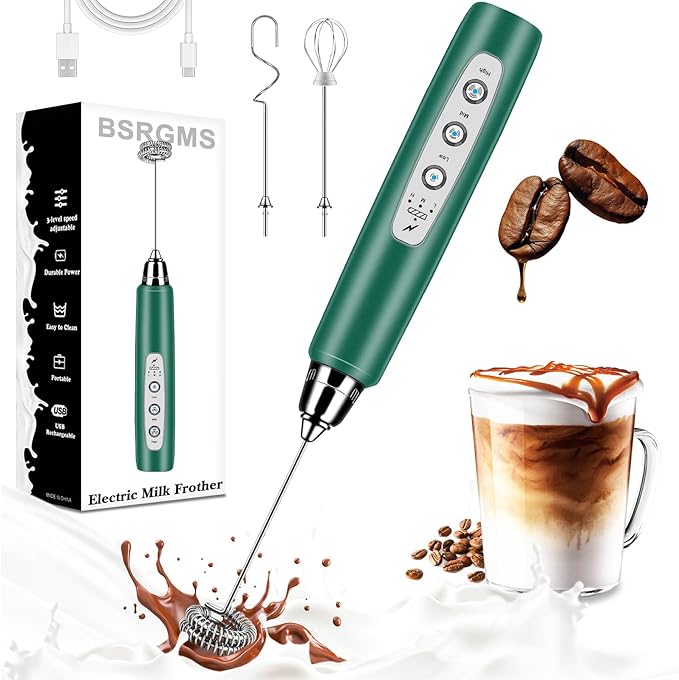 Milk Frother Handheld for Coffee, Electric Whisk 3 Speed Adjustable, Drink Mixer with Stainless 3 Whisks, Rechargeable Hand Frother Wand, Foam Maker for Latte Cappuccino Hot Chocolate Egg Green