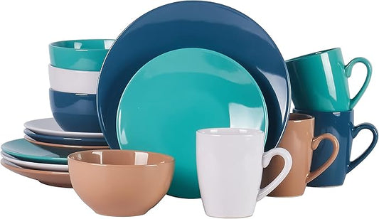 Color Wave Stoneware 16pc Dinnerware Set, Earth Paint Mixed Colors of White, Beige, Turquoise and Dark Blue