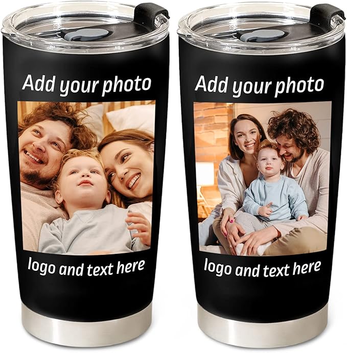 Personalized Coffee Tumbler with Pictures Text Logo Name, 20oz Stainless Steel Tumbler with Lid and Straw, Coffee Travel Cups, Personalized Christmas Birthday Gifts for Women Men Office