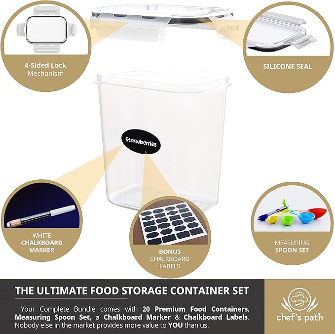 Chef's Path Airtight Plastic Food Containers with Lids - 20 Pack (1.6 Liter Each) - Durable Kitchen and Pantry Storage for Cereal, Rice, Pasta, Sugar - Airtight Food Storage Containers
