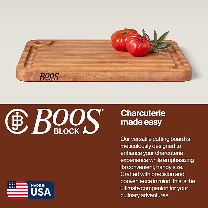 John Boos Prestige Series Rectangular Wooden Maple Cutting Board 20”x15” – 1.25” Thick, 10-lb Reversible Butcher Block with Juice Groove, Edge-Grain & Finger Grip Hole – Made in the USA