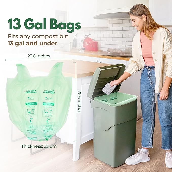 Compostable Kitchen Trash Bags13 Gal - Cornstrarch Leakproof & Tear Resistant 100 Compost Bags - OK Compost Home & Seedling Certified 0.25 mm Kitchen Garbage Bags