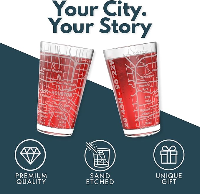 Greenline Goods – Houston, TX Map Pint Beer Glasses (Set of 2), 16 oz – Etched Wrap Design