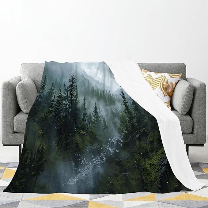 Forest Blanket Misty Mountain Tree Throw Blanket Cozy Plush Fleece Flannel Green Nature Blankets Landscape Party Gifts for Girls Boys Women Men 80"X60"
