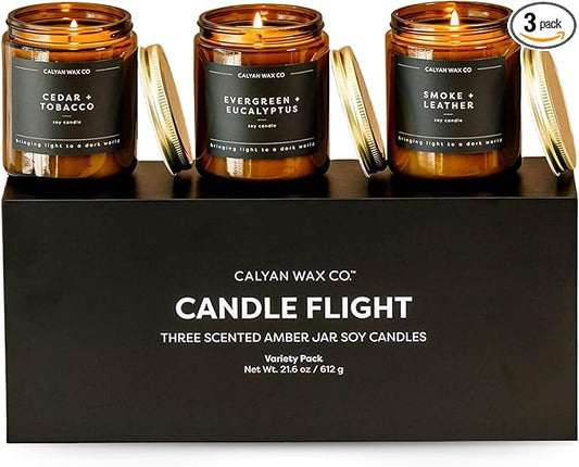 Calyan Wax Co. Masculine Scented Candle Gift Set - 3 Scented Candles - 57 Hour Burn - Luxury Non Toxic Soy Wax Candles - Long Lasting Amber Glass Jar Candle for Home - 7.2oz