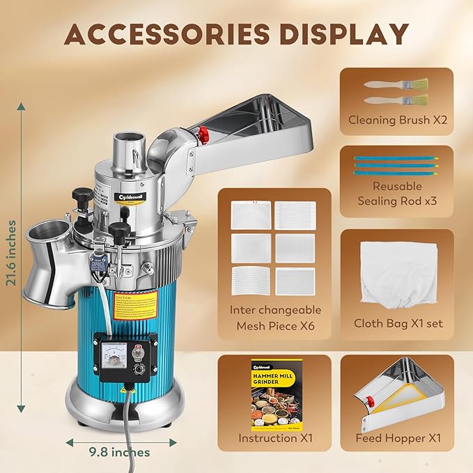CGOLDENWALL DF-20 Hammer Mill Grinder Commercial Electric Herb Grinder Mill Industrial Automatic Continuous Spice Hammer Grain Mill Pulverizer Capacity 44 Pounds Per Hour 110V Rotate Speed 2840r/min