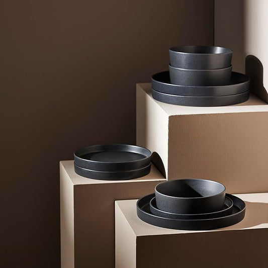 Stone by Mercer Project MODAN 12-Piece Stoneware Dinnerware Set, Plates and Bowls Sets, Dish Set for 4, Charcoal