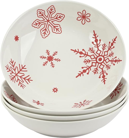 Ollieroo 4 Pieces Ceramic Christmas Pasta Bowls Set, 8 Inch 26oz White Red Snowflake Xmas Holiday Porcelain Wide and Shallow Salad Serving Bowls Plates, Microwave and Dishwasher Safe