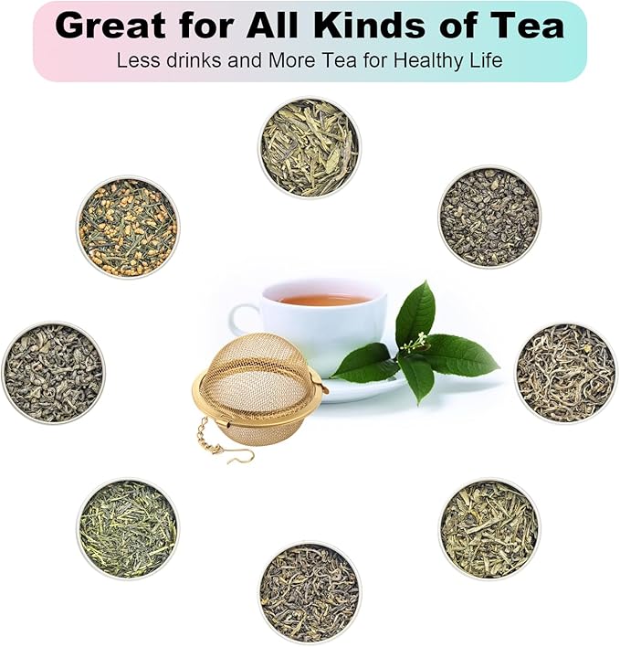 Tea Ball Infuser with Chain;; Premium Stainless Steel Fine Mesh Screen Tea Strainer Filters Colander Cullender Sieve Infusion Steeper Maker for Loose Leaf Tea Herbs, 2 Pieces, Golden