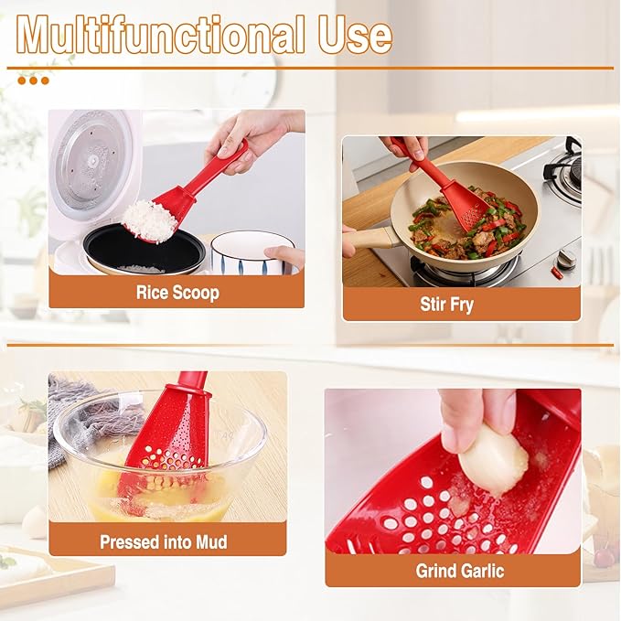 Multifunctional Kitchen Cooking Spoon, Upgraded Heat Resistant Kitchen Utensils Slotted Spoon, Food Grade Cooking Utensils for Cooking, Draining, Mashing, Grating, Separating (Black + Red + White)