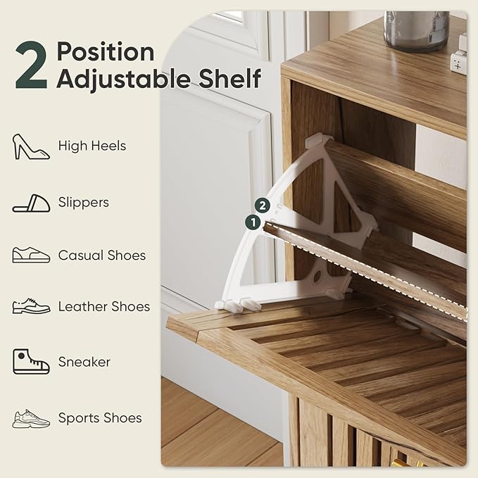 Shoe Storage Cabinet with 2 Flip Slatted Drawers, Narrow Wood Shoe Cabinet with Gold Handle, Hidden Entryway Shoe Organizer for Hallway, Foyer, Natural Oak