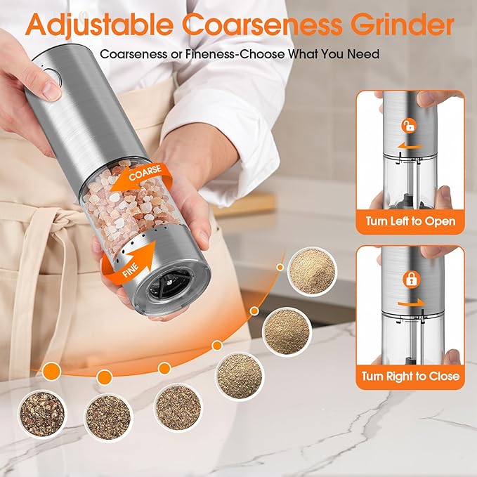 WOWBOX Electric Salt and Pepper Grinder Set 2 PCS, Stainless Steel Automatic Coarseness, Rechargeable Salt and Pepper Shakers, 95 L Large Capacity Multifunctional Pepper Mill, for Kitchen
