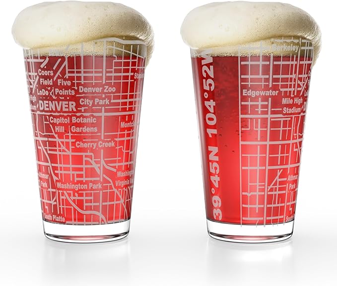 Greenline Goods – Denver, CO Map Pint Beer Glasses (Set of 2), 16 oz – Etched Wrap Design