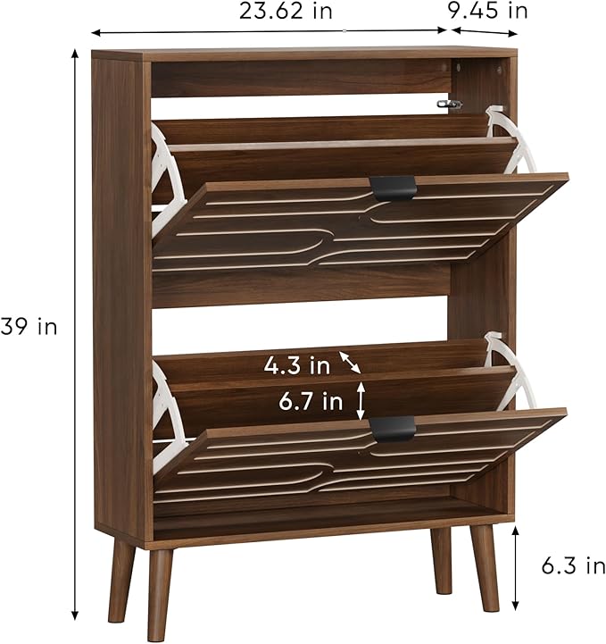 Vibe & Dine Shoe Cabinet with 2 Flip Drawers, Modern Shoe Storage Organizer for Entryway Slim, Freestanding Wood Shoe Rack Cabinet for Hallway, Bedroom, Living Room, Walnut
