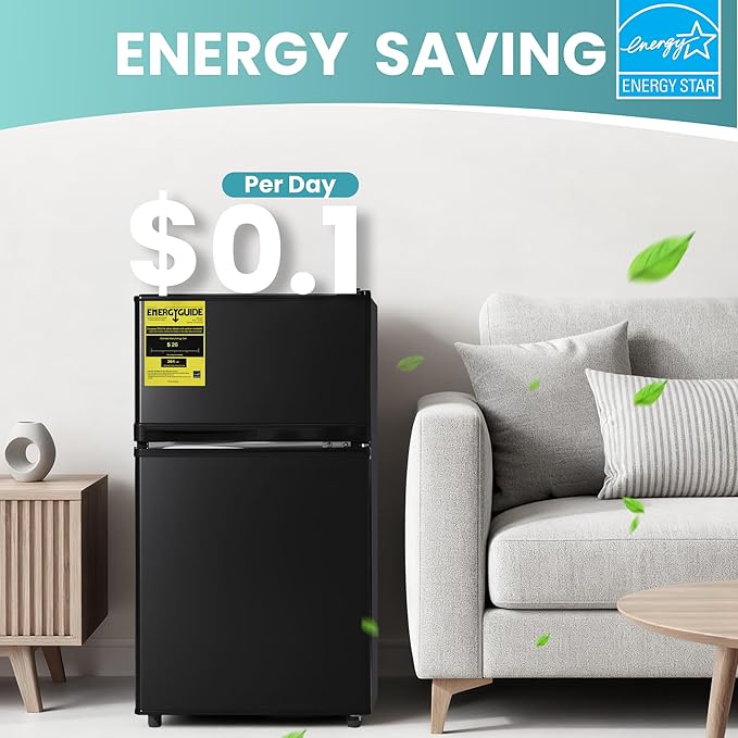 Double Door Refrigerator with Freezer, 3.55 Cu.Ft, Small Fridge with Freezer, 7 Settings Temperature Adjustable, Mini Refrigerator for Office and Apartment Bedroom Dorm(3.55 Cu.Ft, Black)