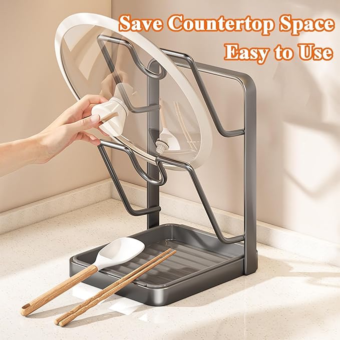 Kitchen Pot Lid Storage Rack, Pot Lid Holder While Cooking with Tray, Multifunctional Holder and Spoon Rest, Pot Lid Organizer Rack for Stove Top Countertop, Pot Keeper Collector (Gray-Double-layer)