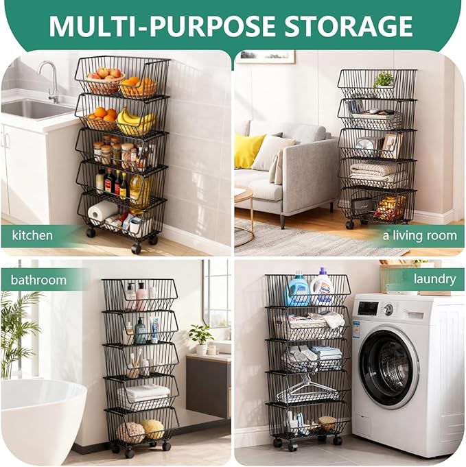 Wire Baskets Organization with Rollers for Kitchen and Home Storage, Vegetable Fruits Metal Basket for Countertop and Corner, Wire Basket Storage Bins for Space Utilization, Durable, 5 Tiers