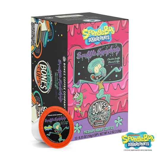 Bones Coffee Company Spongebob Soufflé Symphony, Chocolate Soufflé Flavored Coffee Pods, Low Acid Medium Roast Single-Serve Bones Cups, Compatible with 1.0 & 2.0 Capsule Brewers Coffee Maker, 12 Count