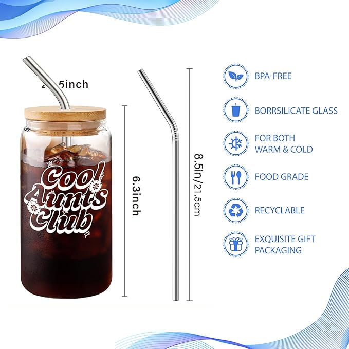 Cool Aunt Coffee Cup 16oz - Mothers Day/Birthday Gift for Aunts - New Aunty Glass Mug - Promoted to Aunts Announcement Gift - Cool Aunt Club -24