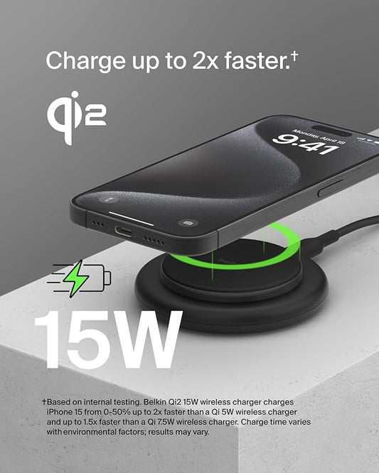 Belkin Magnetic Wireless Charging Pad 15W - MagSafe-Compatible Qi2-Certified Wireless Charger for iPhone 16 Series, Samsung Galaxy S25, AirPods, & More w/Non-Slip Base, Power Supply Included - Black