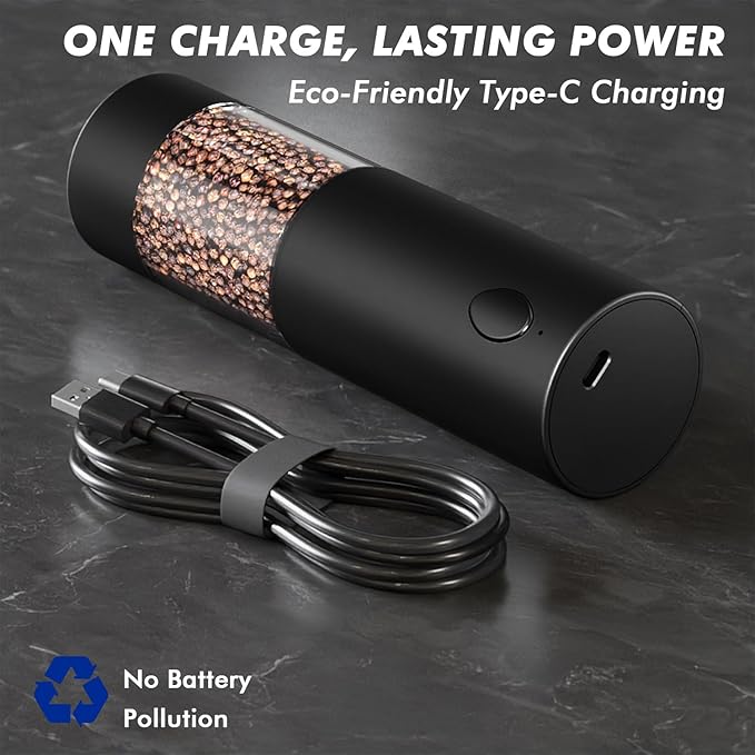 Electric Salt and Pepper Grinder Set, USB Rechargeable Automatic Pepper Mills and Salt Grinders with LED Light, Large 100ml Capacity, Adjustable Coarseness, One-Hand Operation, Stable Base