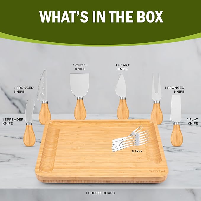 NutriChef Natural Bamboo Cheese Board Set with Bonus Condiment Cup-Extra Large Size 100% Home Organic Wooden Plate and Charcuterie Tray with 4 pcs Cutting Knife Slicer