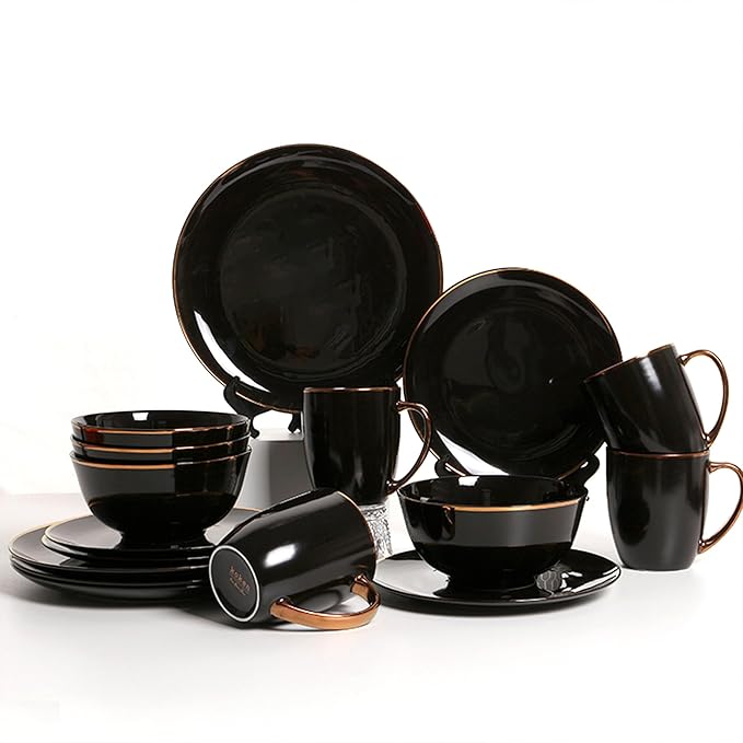 KOKEN Porcelain Dinnerware Set - 16 Pc Round Dinner Set with Mugs, Microwave Safe