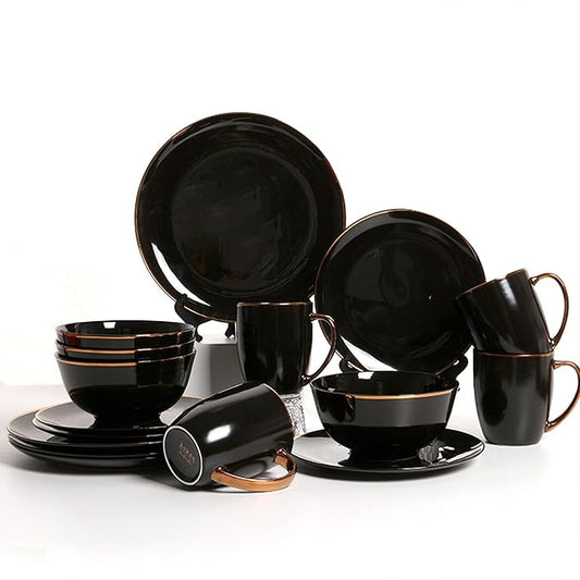KOKEN Porcelain Dinnerware Set - 16 Pc Round Dinner Set with Mugs, Microwave Safe