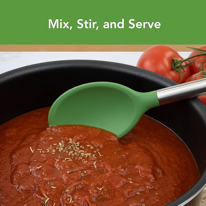 Tovolo Mixing Spoon Stainless Steel Handle Scratch Resistant Non Stick Safe Kitchen Utensil for Cooking Baking Serving Stirring, Heat Resistant Silicone Stirring Spoon with Metal Handle Pesto Green