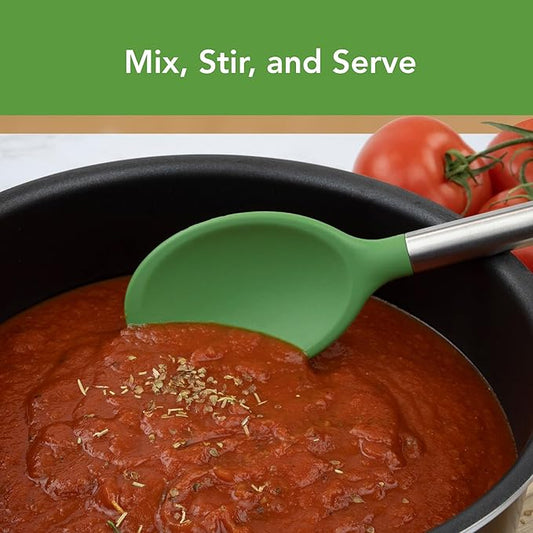 Tovolo Mixing Spoon Stainless Steel Handle Scratch Resistant Non Stick Safe Kitchen Utensil for Cooking Baking Serving Stirring, Heat Resistant Silicone Stirring Spoon with Metal Handle Pesto Green
