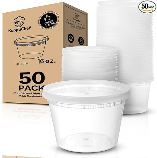 Koppochef 16oz Deli Containers [50 Pack], Leakproof and Durable, Microwave Dishwasher Freezer Safe, Stackable Storage Deli Containers with Lids, BPA Free and Recyclable