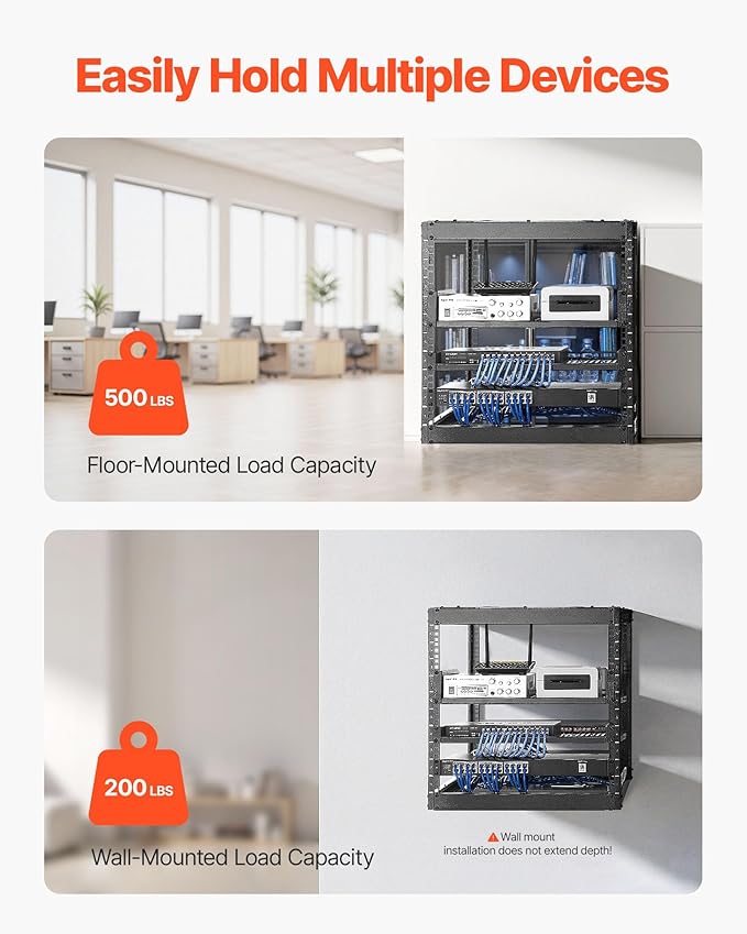 VEVOR 10U Server Rack, Open Frame Network Rack,4-Post Floor Standing or Wall Mounted, Includes 2PCS Vented 1U Rack Shelves & Mounting Hardware, Computer Wall Rack for 19" IT/AV Equipment