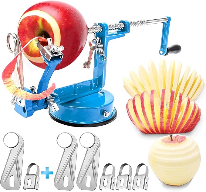Apple Peeler Corer, Long lasting Chrome Cast Iron Apple Peeler Slicer Corer with Stainless Steel Blades and Powerful Suction Base for Apples and Potato(Blue)
