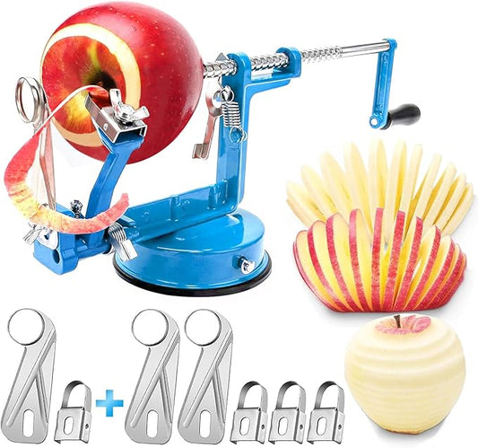 Apple Peeler Corer, Long lasting Chrome Cast Iron Apple Peeler Slicer Corer with Stainless Steel Blades and Powerful Suction Base for Apples and Potato(Blue)