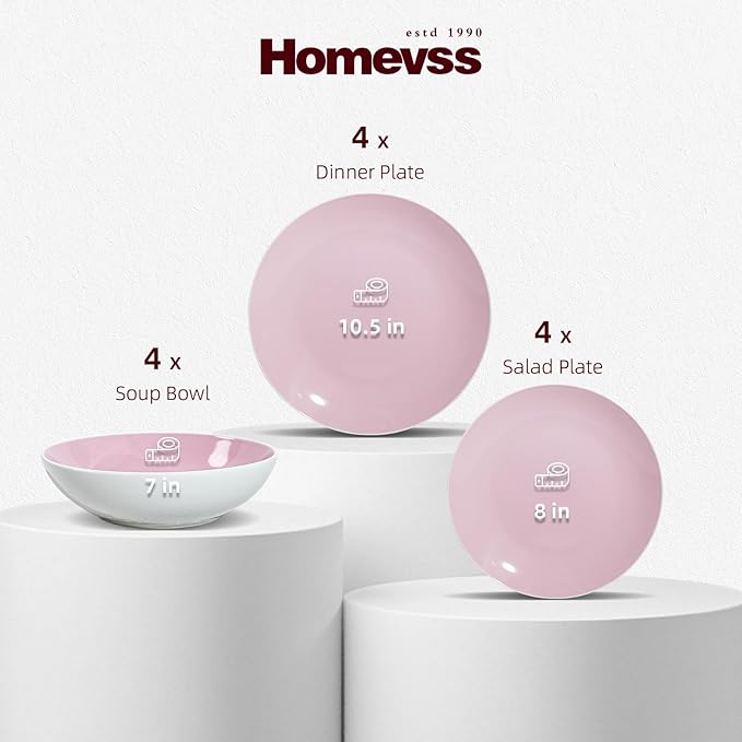 Stoneware Coupe Shape 12pc Dinnerware Set, Outside White + Inside Pink