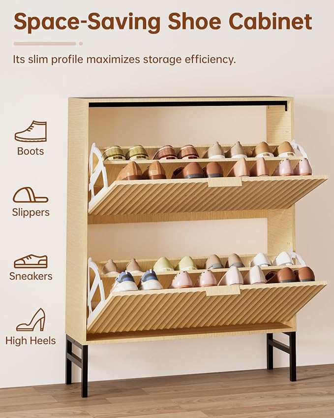 Fluted Shoe Cabinet, Shoe Storage Cabinet for Entryway with 2 Flip Drawers, Hidden Shoe Organizer with Metal Leg, Mid-Century Modern Narrow Shoe Rack for Living Room (Nature)