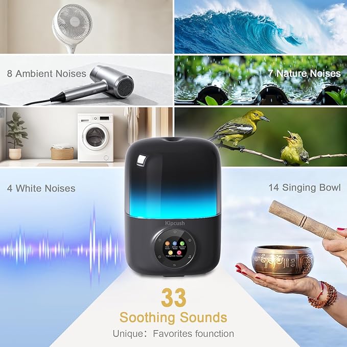 Kipcush Essential Oil Diffuser, 250ML Humidifier withWhite Noise Machine, LED Mood Lighting, TouchScreen,Timer, Auto-Off