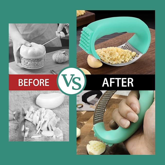 Upgraded Garlic Press Rocker, 2025 New Stainless Steel Garlic Presser, Garlic Mincer Crusher Masher with Peeler and Cleaning Brush, Garlic Chopper for Smash Garlic Kitchen Gadgets Tools (A-GREEN)