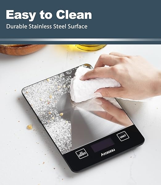 Atogou 1g/ 33lb Food Scale, Rechargeable Kitchen Scale with Full-View Backlit LCD Display, Stainless Steel Surface, Type-C Charging or AAA Batteries (not Included), for Baking, Cooking, Food Grey