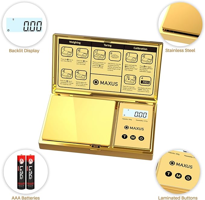 MAXUS Digital Gram Scale with 200g x 0.01g Capacity, Stylish Gold Plated Cover and Platform for Accurate and Precise Weighing of Jewelry, Grains, and Food in Grams and Ounces