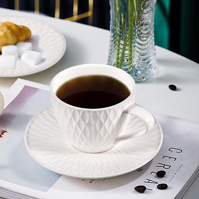 Espresso Cup and Saucer Set of 6, 6 oz Ceramic Cappuccino Barista Cup with Saucer, Stackable Coffee Mugs for Demitasse, Au Lait, Latte, Cafe Mocha, Tea, Birthday Day Thanksgiving Christmas Gift, White