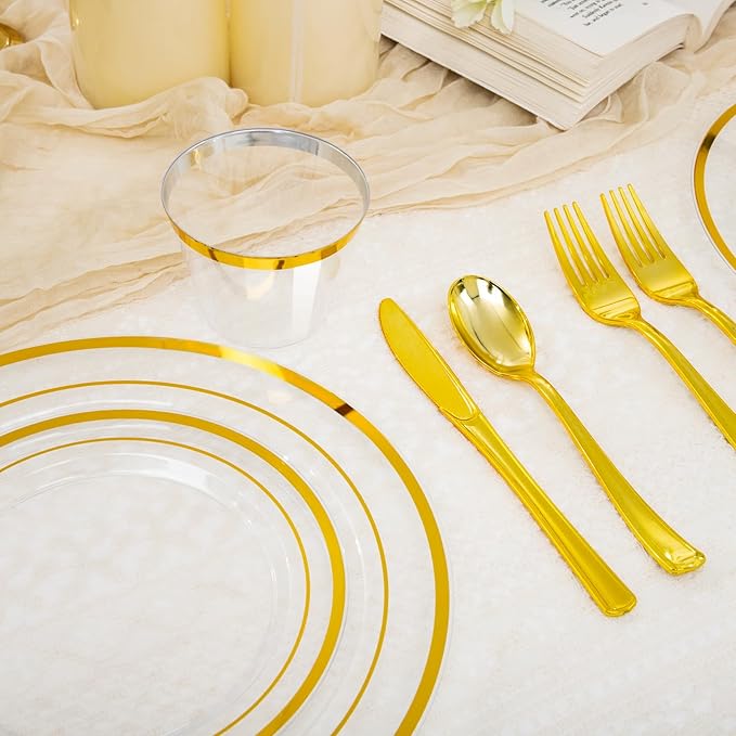 WELLIFE 600 PCS Clear Gold Disposable Dinnerware Set for 100 Guests, Clear and Gold Plastic Plates, Gold rimmed Plastic Dinner & Salad Plates,Cups,Silverware Set for Wedding