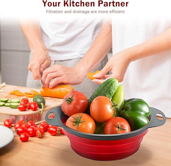 Collapsible Colander Set of 2 Silicone Kitchen Strainer Set, Perfect for Draining Pasta, Vegetable and fruit for Kitchen and Travel Use (Red)
