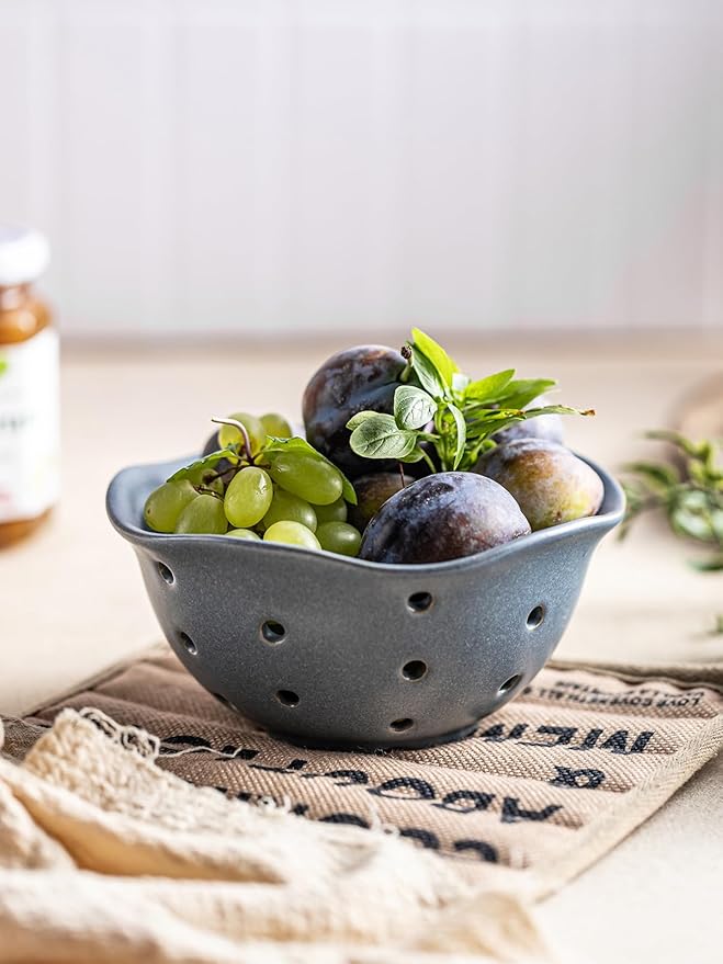 Gomakren Ceramic Berry Basket Set of 2, Elegant Fruit Basket Container 6 Inch, Fruit Bowl with Holes for Kitchen Counter, Berries, Strawberry, Grape, Cherry, Floral Shape - Slate Blue