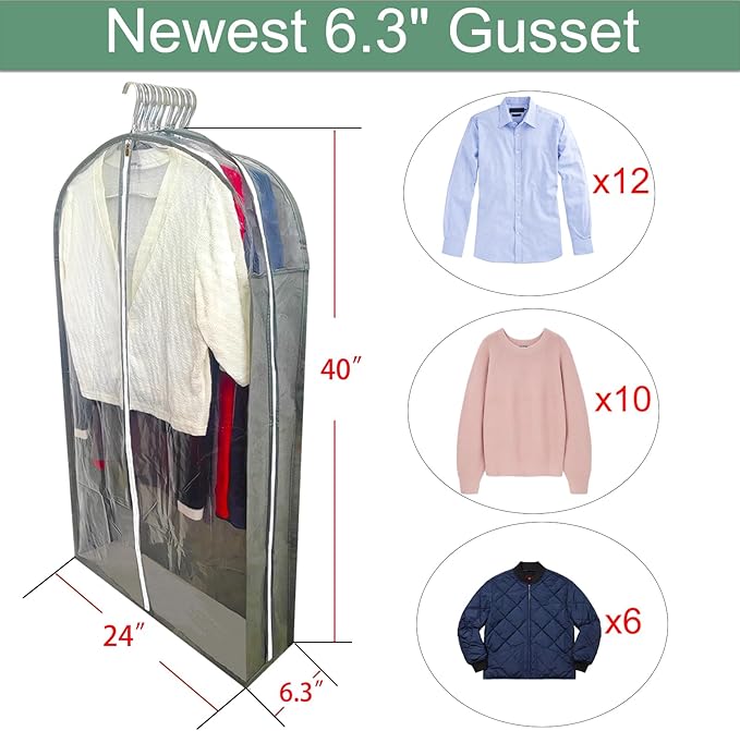 Garment Bags for Hanging Clothes with 6.3" Gusset, 40" Suit Bags for Closet Storage, Clear Suits Covers and Side Zipper Protector for Jacket, Coat, Sweater, Shirts, Clothing, Grey/3 Packs
